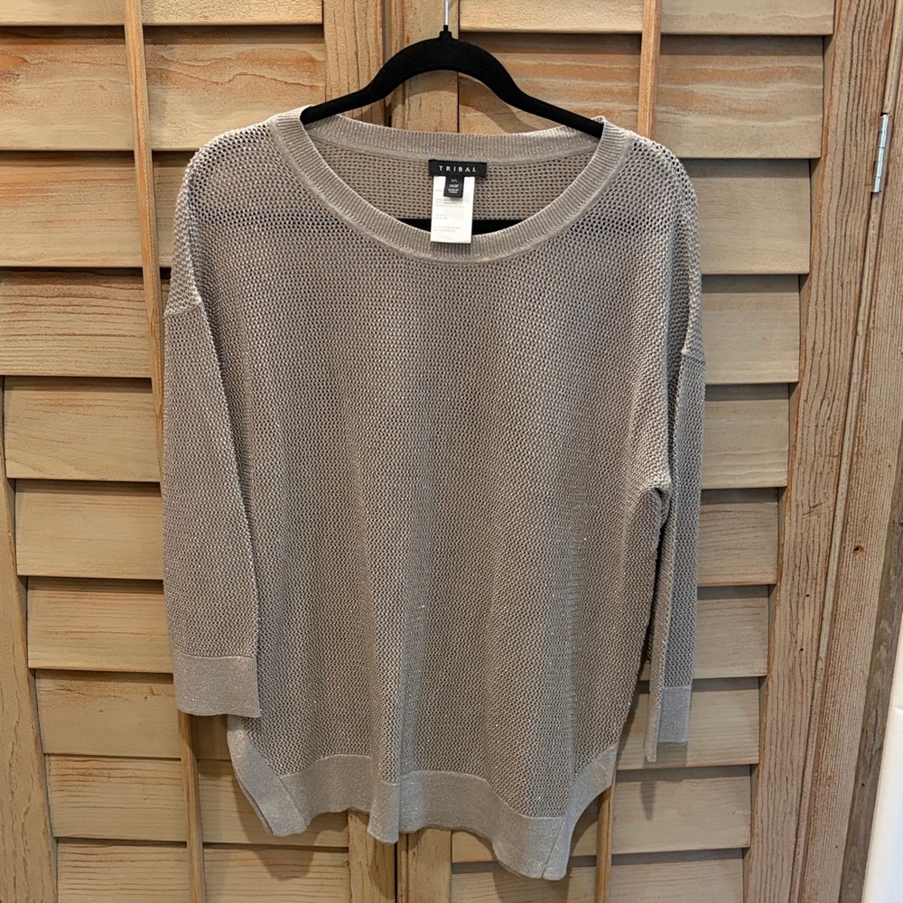 Tribal Open-Knit Scoop Neck Sweater in Light Taupe